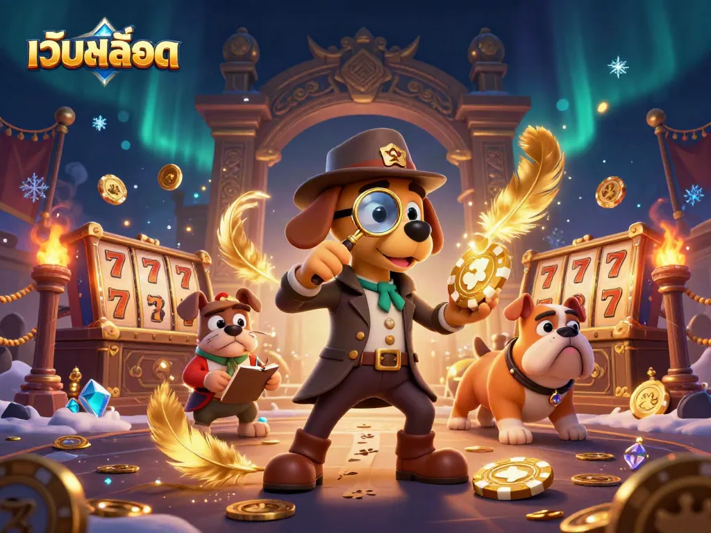 Engage with เว็บสล็อต through this vibrant 3D scene featuring a detective dog exploring betting clues and treasure.
