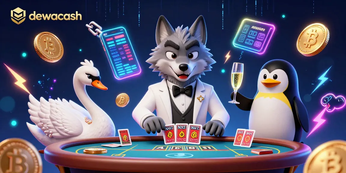Dewacash showcases a lively casino scene with a debonair wolf and elegant characters in action.