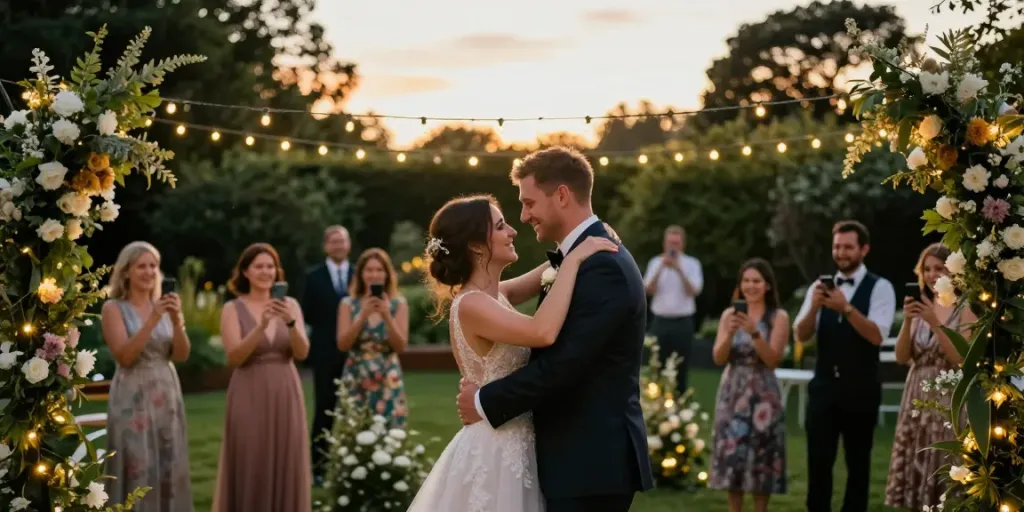 Dunedin wedding photographer capturing a couple sharing their first dance at sunset.