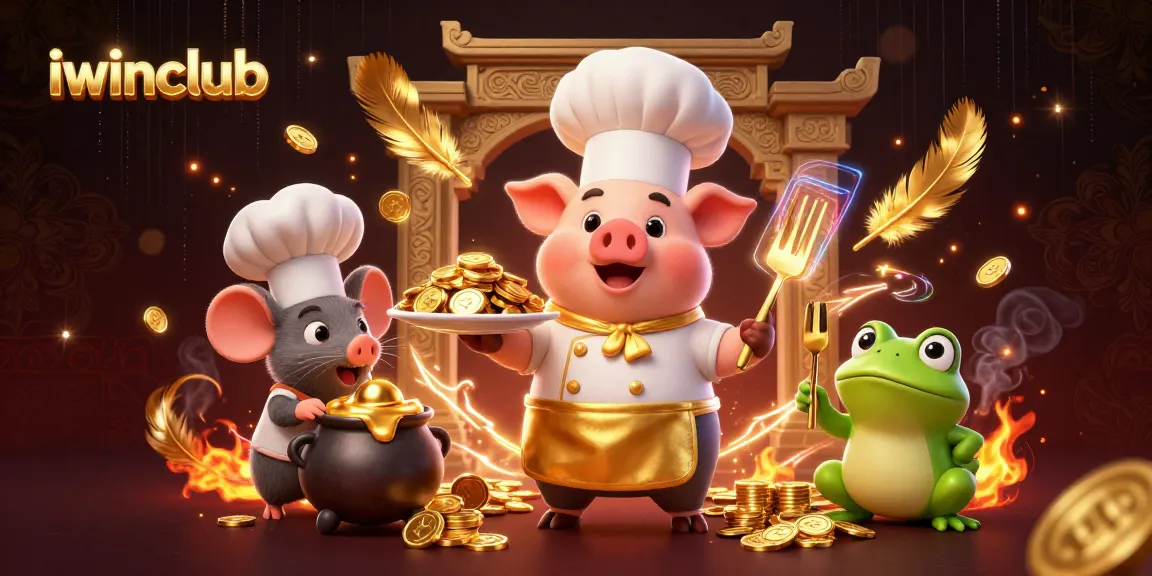 Experience iwinclub's thrilling dining with gold coins served by chef pig under casino lights.
