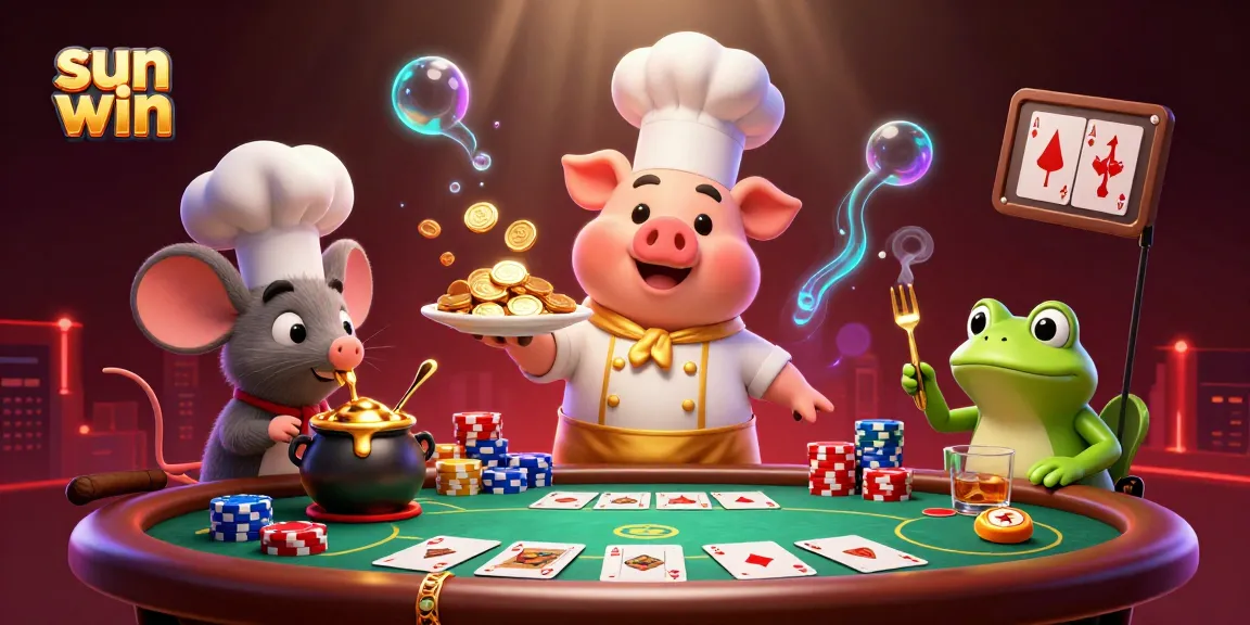 Experience the sun win excitement with a vibrant 3D casino scene featuring coin serving and poker elements.