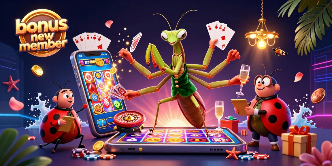Engage with the bonus new member offer in a vibrant casino-themed 3D scene featuring lively characters.