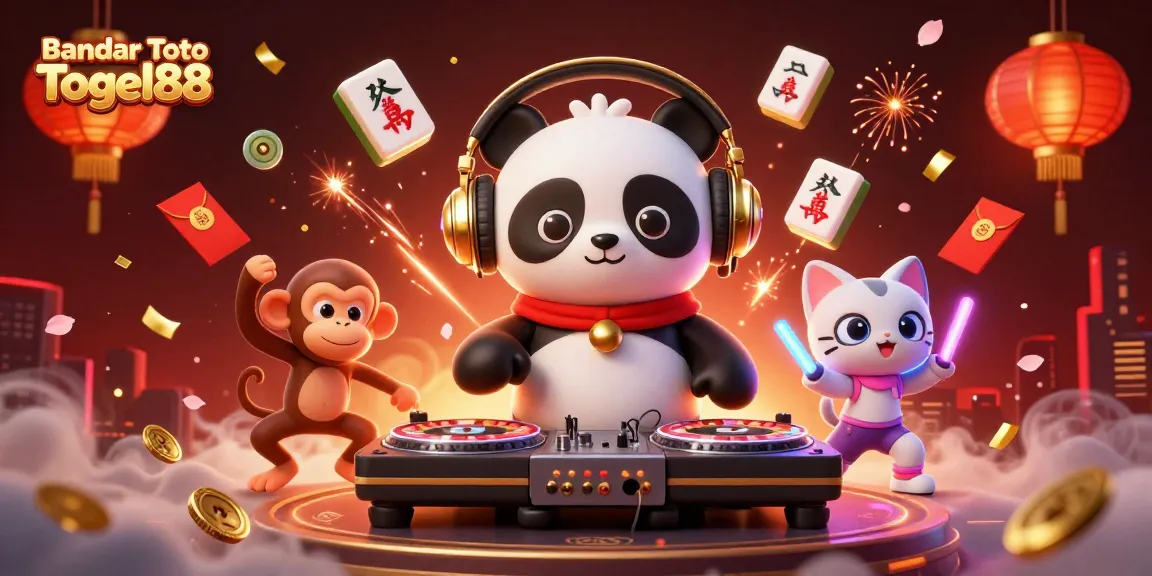 Engage with Bandar Toto Togel88 in a vibrant 3D casino scene featuring a DJ panda and lively characters.