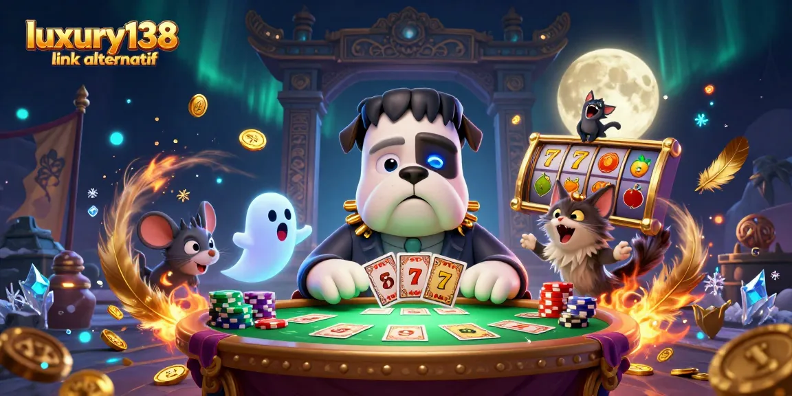 Engage with luxury138 link alternatif in a vibrant casino scene featuring playful characters.