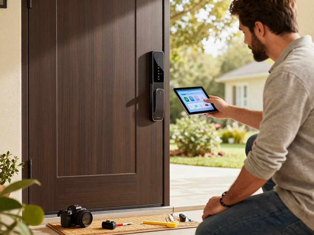 خرید قفل هوشمند - Homeowner engaging with an advanced smart lock system, showcasing modern security solutions.