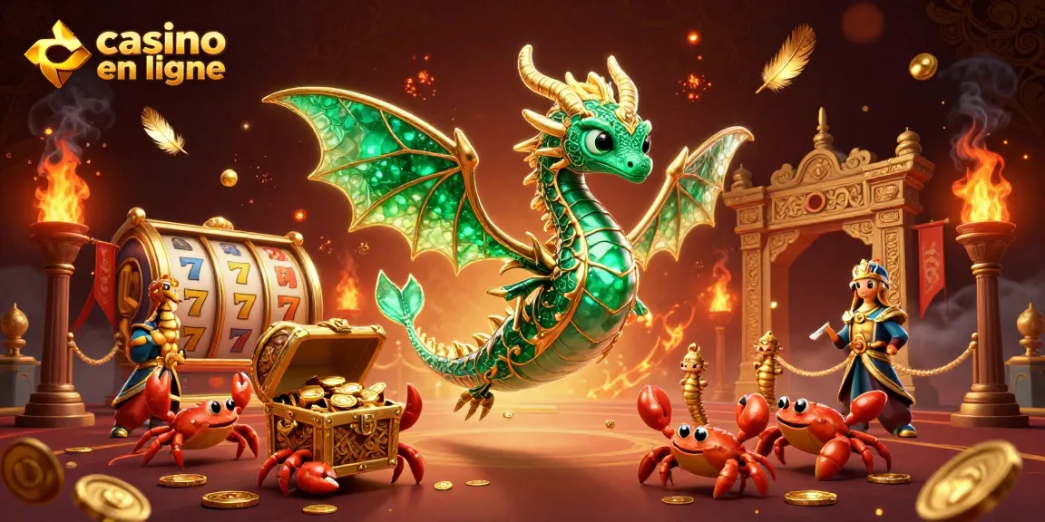 Découvrez l'excitation du casino en ligne avec un vibrant dragon des mers en 3D, des trésors en or et des éléments de machines à sous.