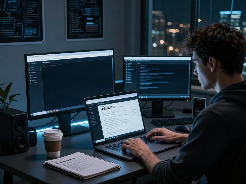 The hidden wiki 2026 exploration scene with a user navigating the dark web from a high-tech workspace, showcasing cybersecurity tools and a Tor browser interface.