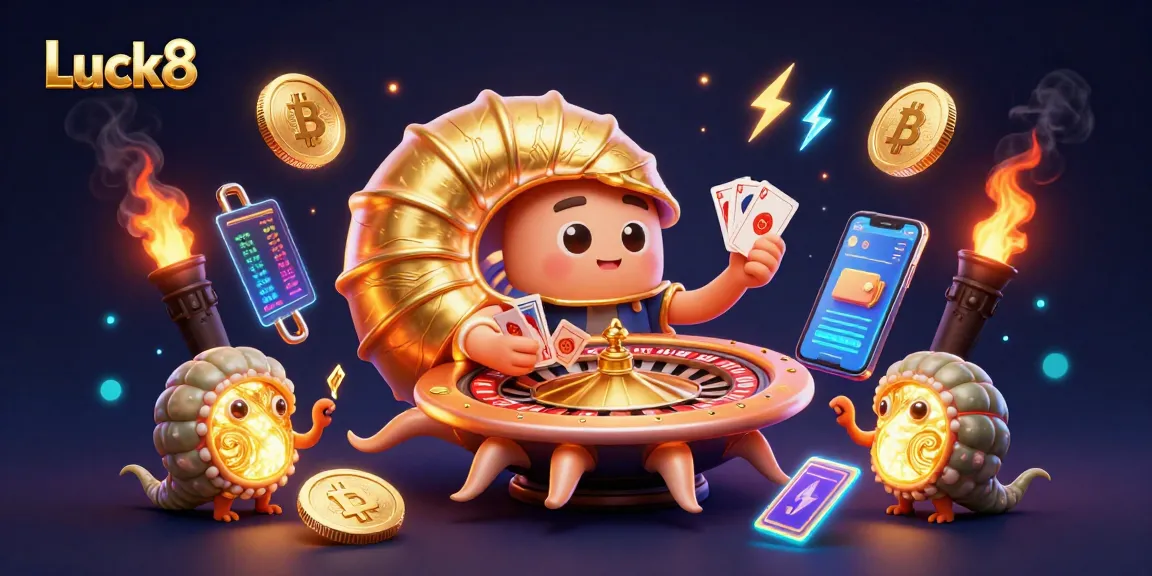 Experience thrilling gameplay at Luck8 with a dazzling roulette wheel and glowing crypto elements.