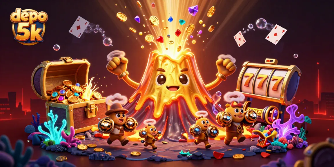 Experience mega wins with depo 5k, vibrant 3D illustration showcasing exciting slot gameplay.