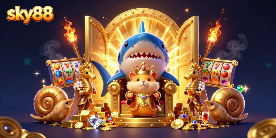 Engage in the excitement of sky88 with a golden hamster king and treasure-filled scene.