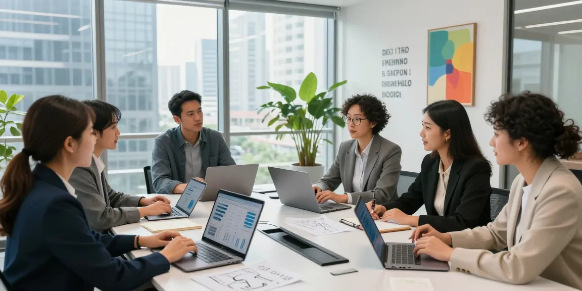 Team brainstorming business strategies in modern office setting, showcasing raja 328.