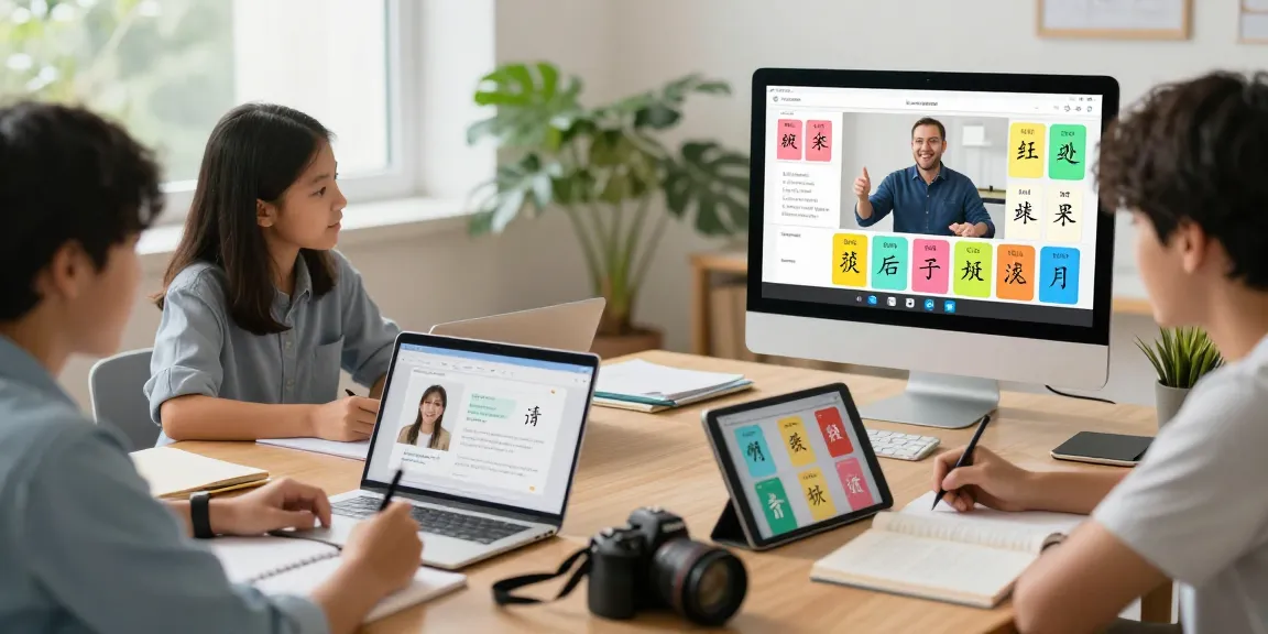 Engaging online learning scene for telegram chinese beginner students in a vibrant classroom.