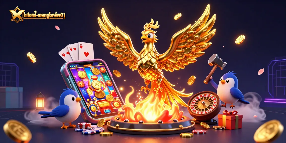 hitomi-mangaraw01 showcases a golden phoenix thriving in a rich casino atmosphere with spinning slots.