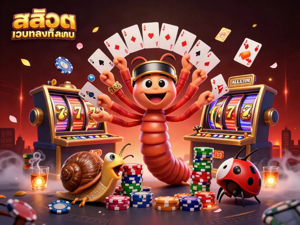 Engage in thrilling gameplay with a colorful scene depicting สล็อตเว็บตรงทั้งหมด, featuring a millipede dealer and high-roller snail.