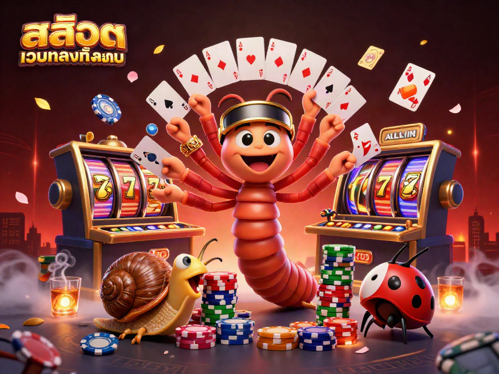 Engage in thrilling gameplay with a colorful scene depicting สล็อตเว็บตรงทั้งหมด, featuring a millipede dealer and high-roller snail.