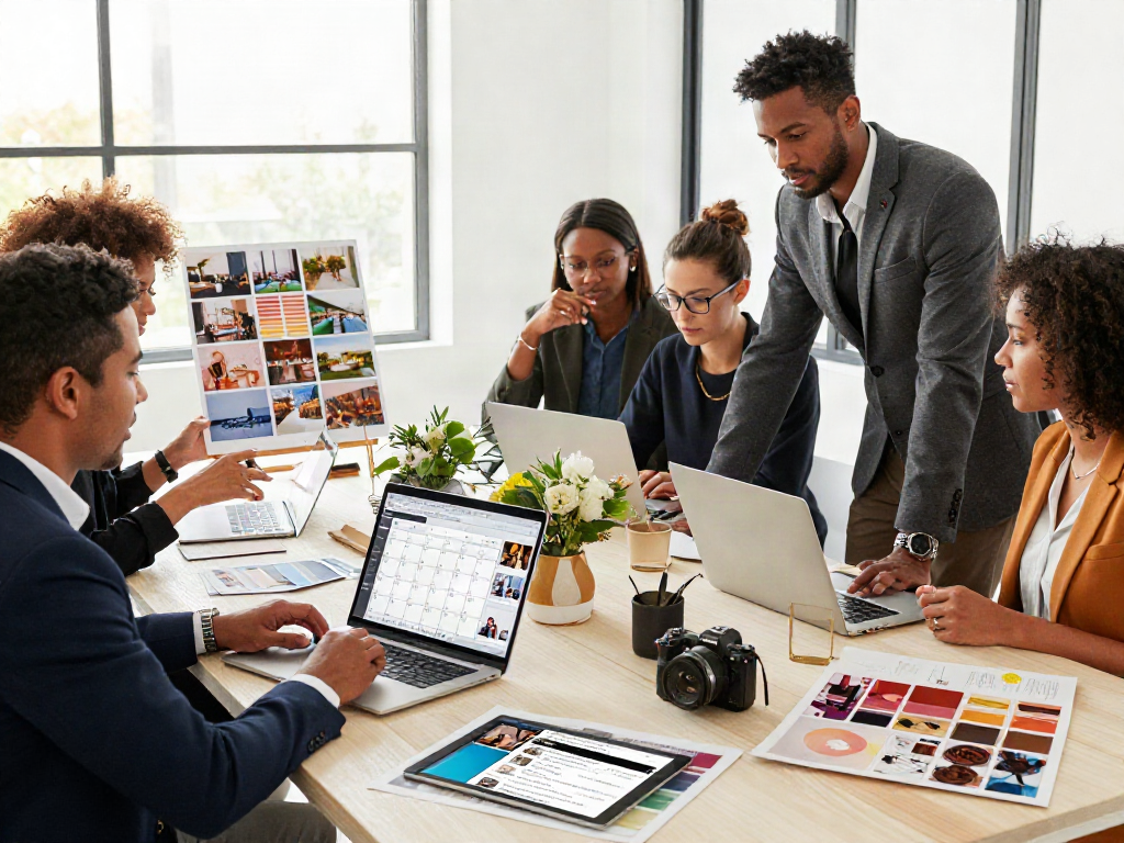 Event rentals team planning extraordinary experiences with vibrant mood boards and collaborative discussion.