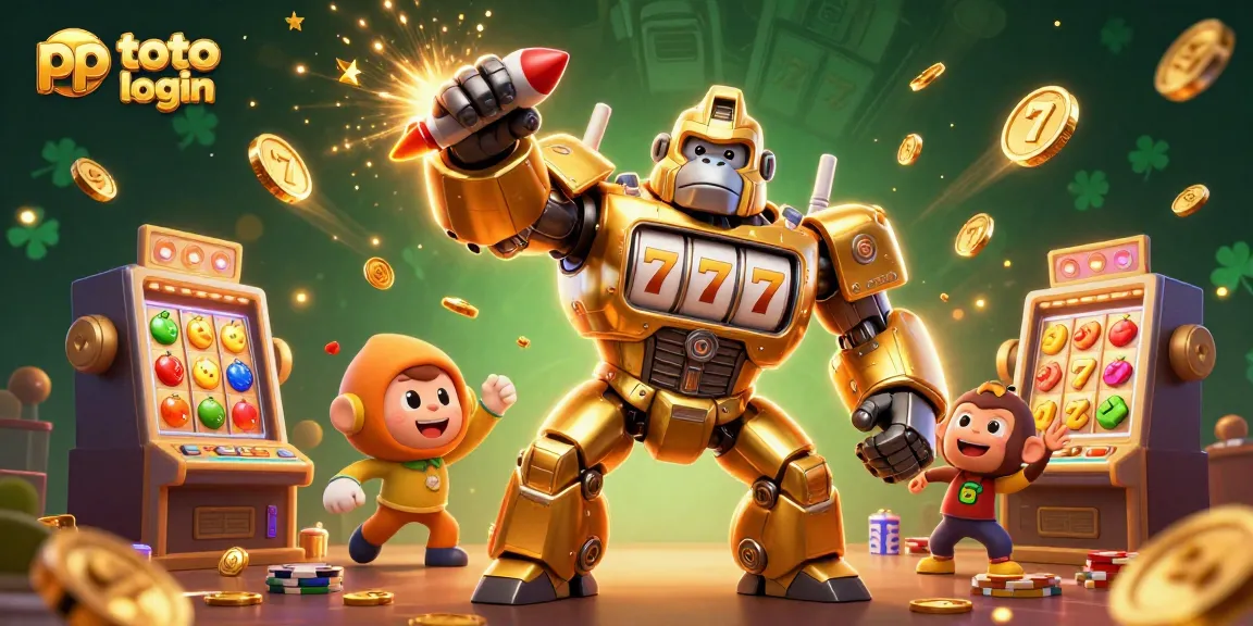Engage with pp toto login in a vibrant 3D scene featuring a golden gorilla mech and casino elements.
