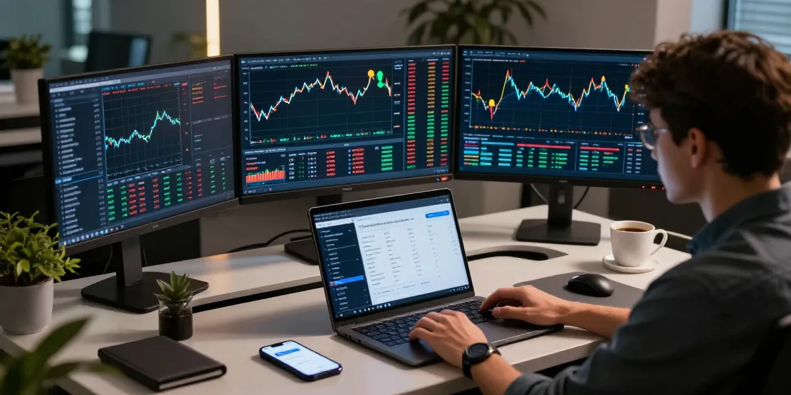 Funexchange platform user trading cryptocurrency in a modern workspace with digital wallet and price charts.
