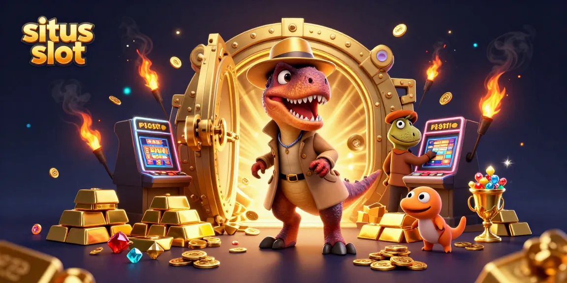 Sneak away with treasures at situs slot with a velociraptor playing slots, surrounded by gold and gems.