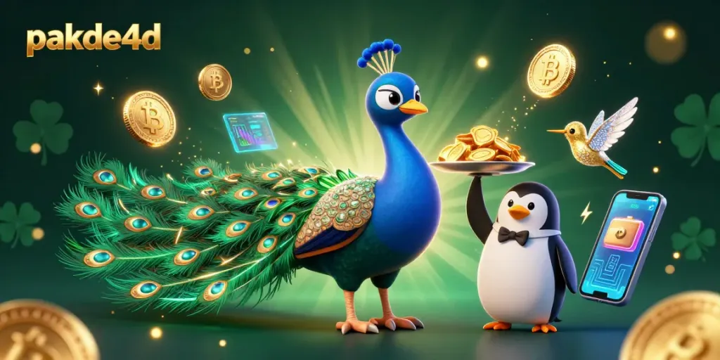 Engage with pakde4d's vibrant casino scene showcasing a peacock and penguin with ATM coins.