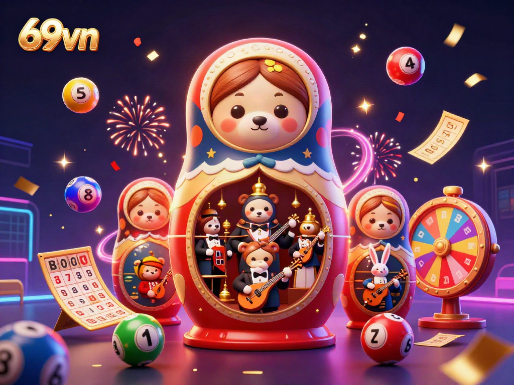 Engage with 69vn's vibrant betting scene featuring dancing lottery balls and celebratory elements.