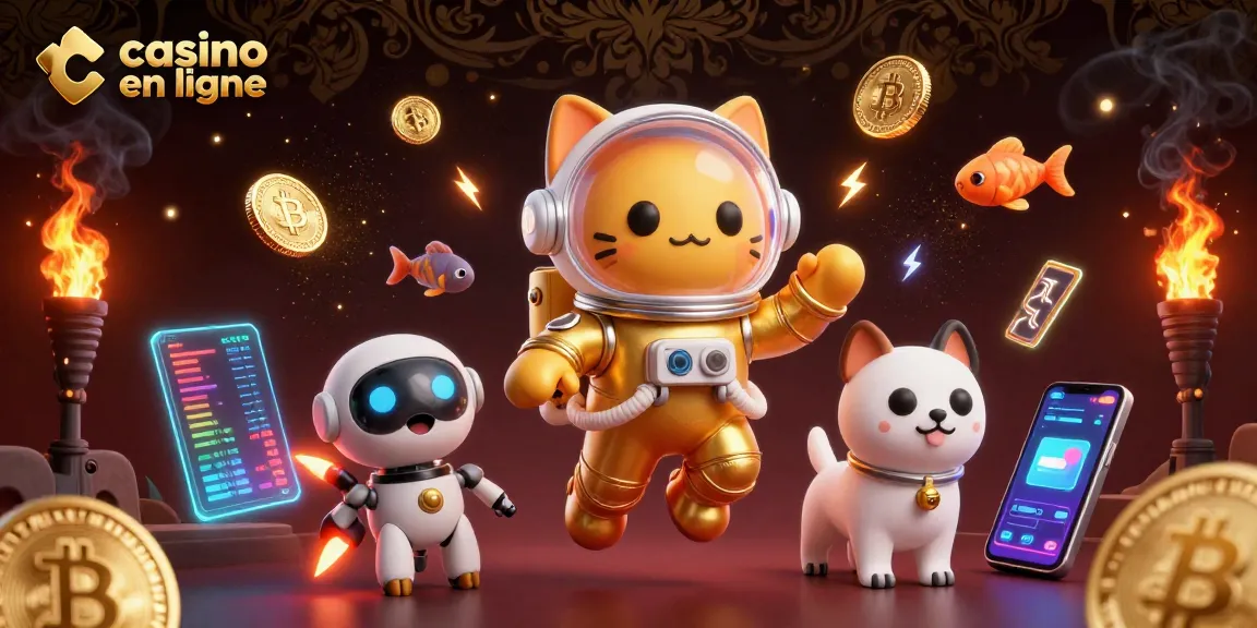 Jouez au casino en ligne avec des symboles de jeux animés et des éléments de crypto-monnaie.