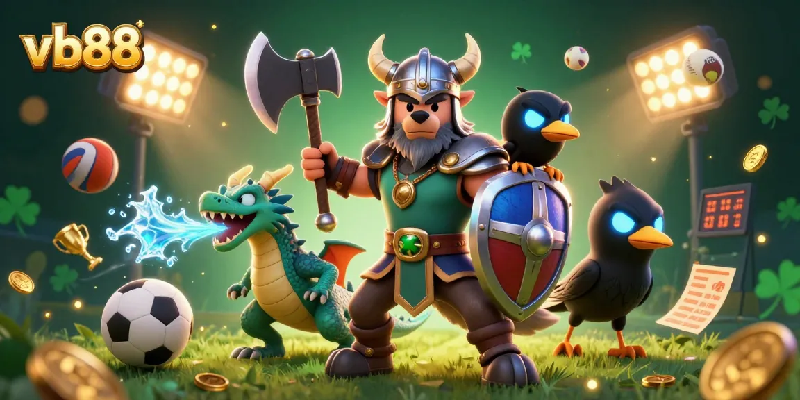 Engage in thrilling sports betting with vb88, featuring a Viking warrior and a dragon in a dynamic casino scene.