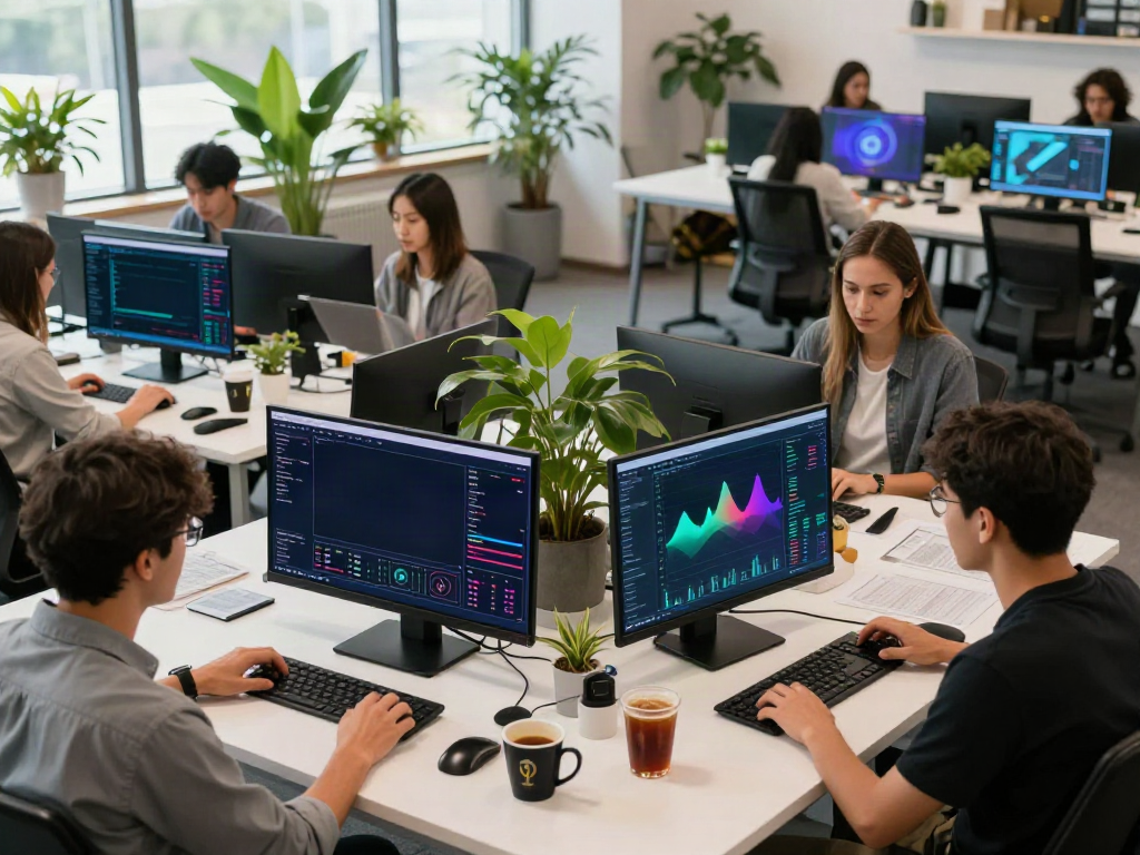 Real-time forex data analysis workspace with free financial data API visualizations on multiple screens.