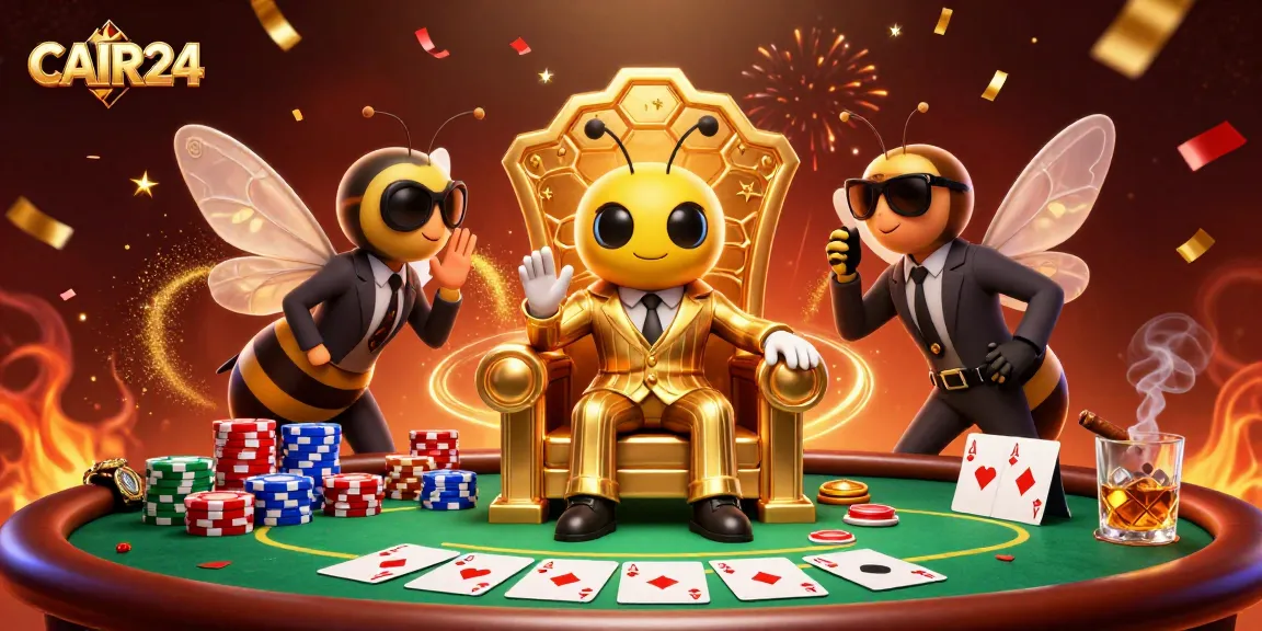 Gambarkan CAIR24 saat bertanding poker di meja dengan karakter lebah dan pengawalnya.