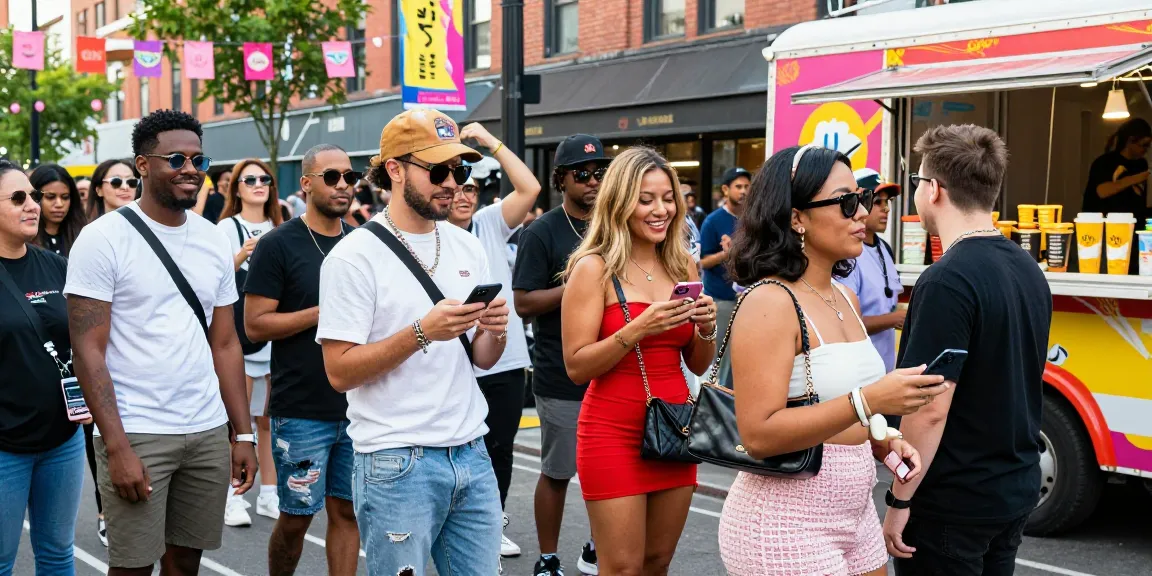 Cheerful crowd enjoying an urban event discussing look alikes of famous people