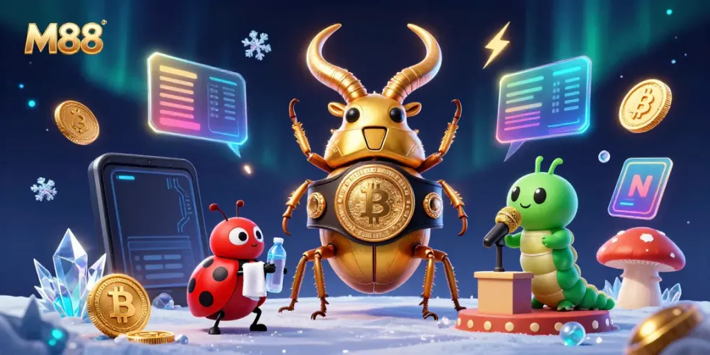 See the exciting M88 showdown featuring a giant golden stag beetle in the boxing ring of a vibrant crypto casino.