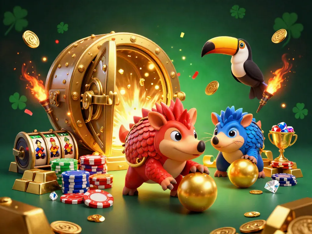 Engaging pangolins compete with slot game reels in a vibrant casino atmosphere.