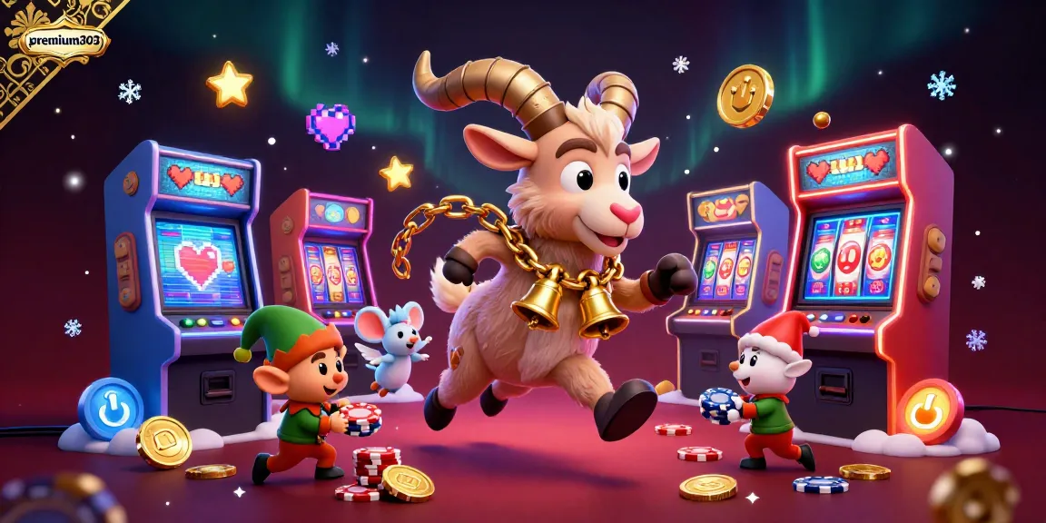 Engage with premium303's lively slot casino environment featuring a festive Krampus character and playful elf gremlins.