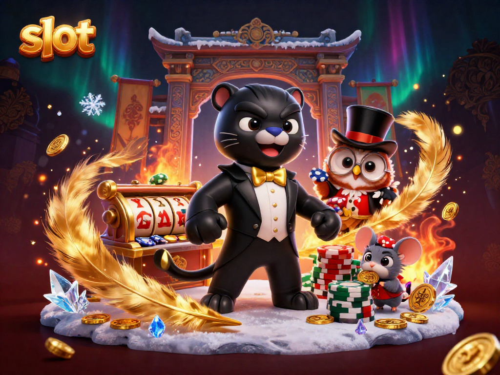 Stylish black panther dealing slot reels with owl and mouse amid a vibrant casino scene.