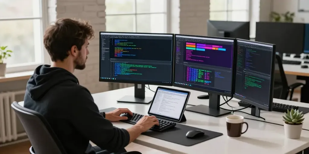 Dynamic workspace scene at h5.2113.net showcasing a developer coding with advanced tech.