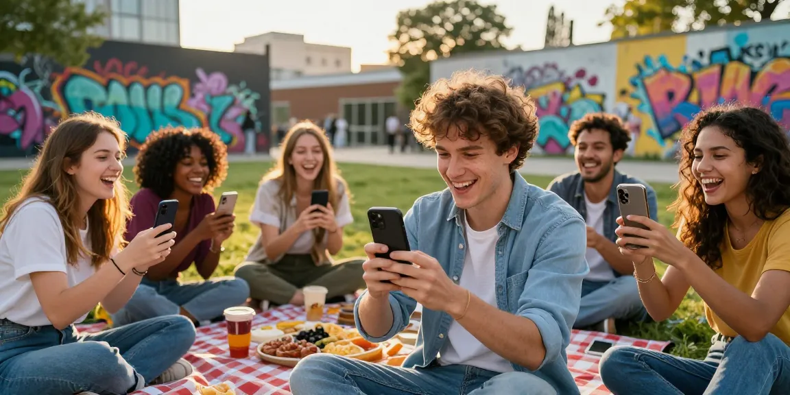 Young adults using the celebrity i look like app to find their look-alikes while enjoying a picnic in a park.