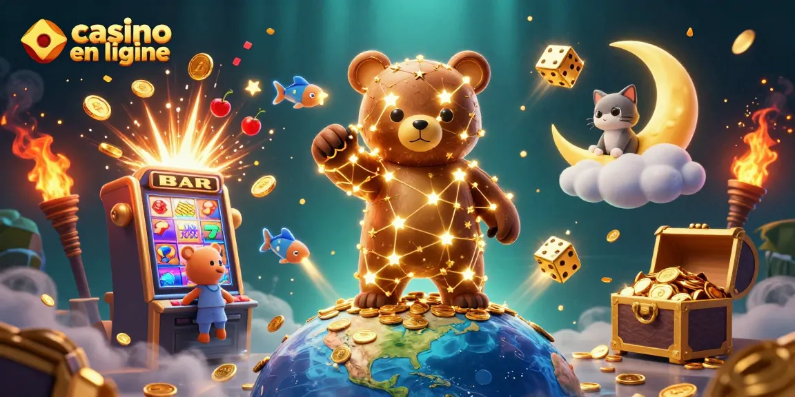 Jouez à des jeux de casino en ligne avec cette illustration captivante, où des symboles de jackpot se mêlent aux étoiles dorées.