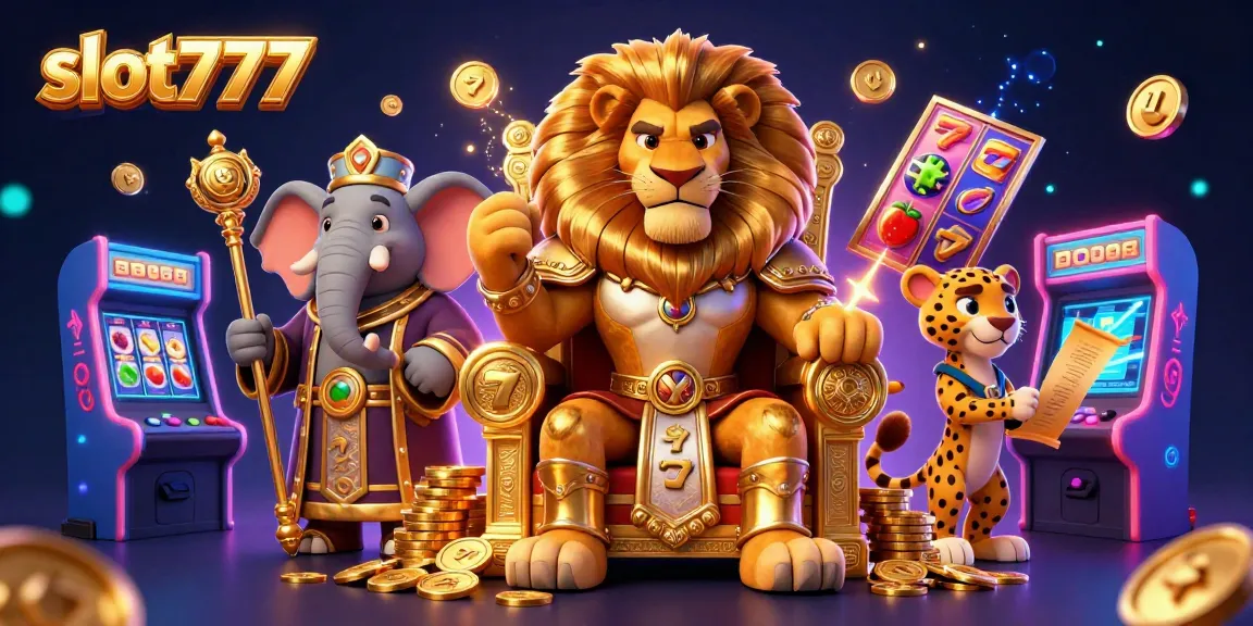 Spin and win with slot777 in a dazzling scene featuring a lion king on a gold throne, surrounded by colorful casino elements.