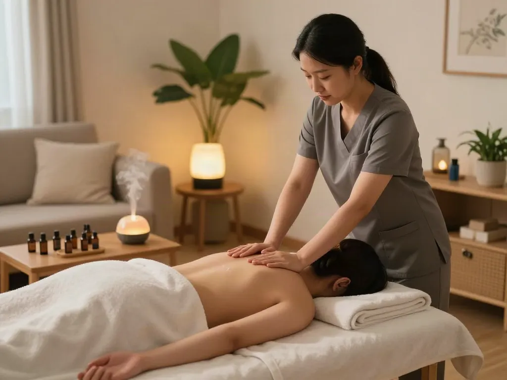 Tranquil 수원출장마사지 scene in a cozy living room with professional massage therapist massaging a client