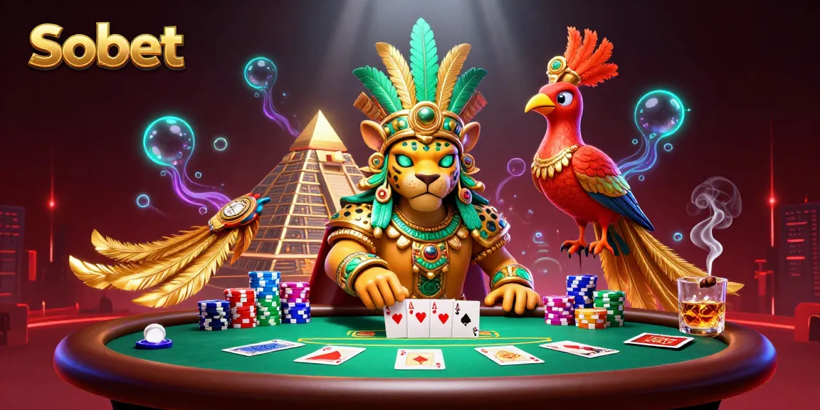 Place bets on Sbobet with a vibrant illustration full of poker elements and Mayan characters.