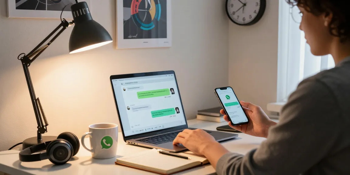 Person using WhatsApp網頁版 on a laptop in a modern home office.