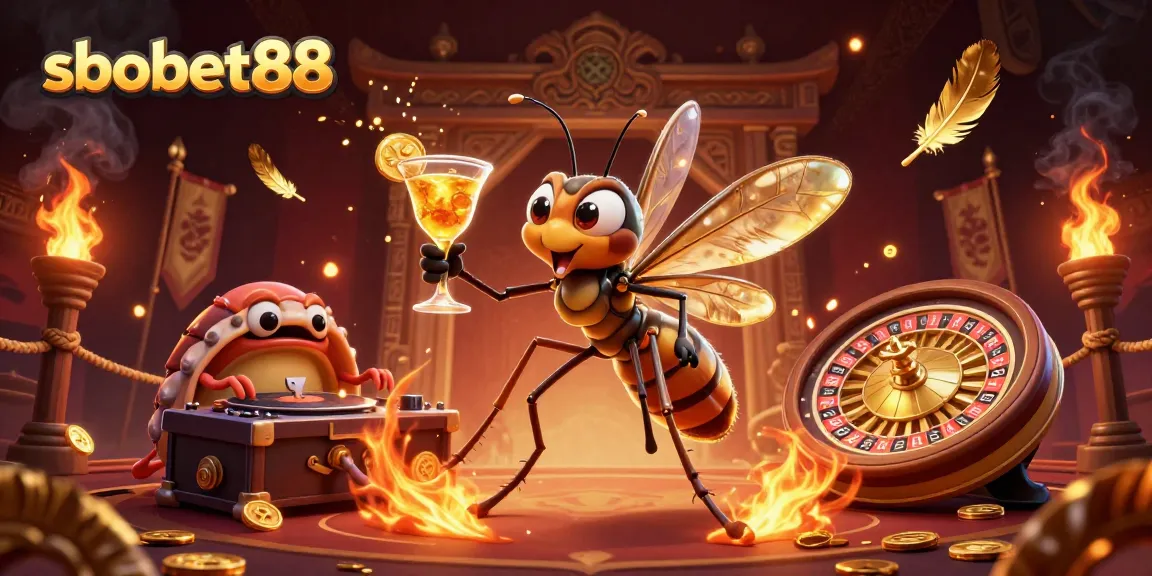 Experience sbobet88's dynamic gaming atmosphere with a vibrant casino mascot and thrilling elements.
