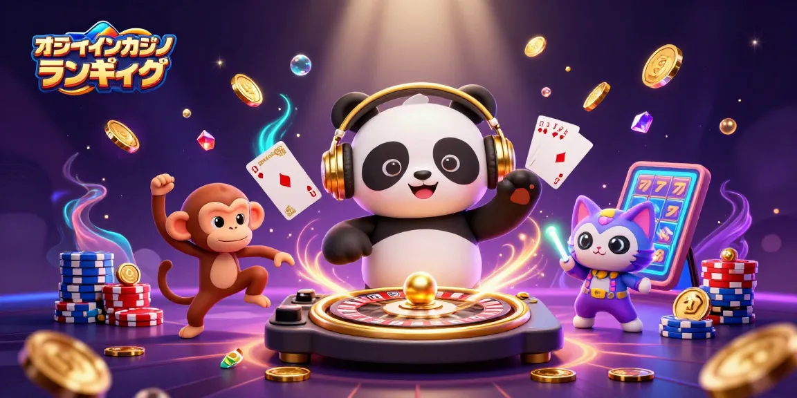 オンラインカジノ ランキングを楽しむDJパンダとダンスする猿のカジノシーン