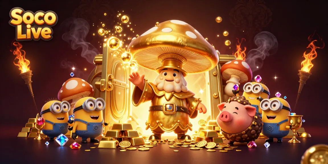 Soco Live captures dynamic fun with a golden mushroom wizard, treasure, and vibrant gems in a casino celebration.