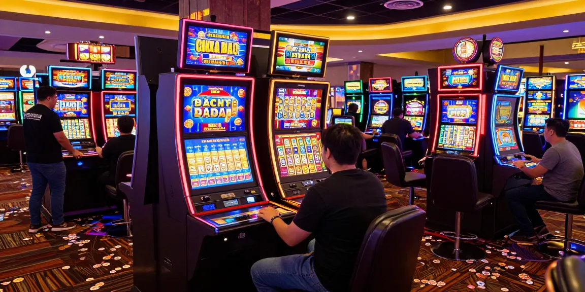 Area mesin slot yang ramai dengan pemain bersemangat di kasino, menampilkan pengalaman bermain slot yang menyenangkan.