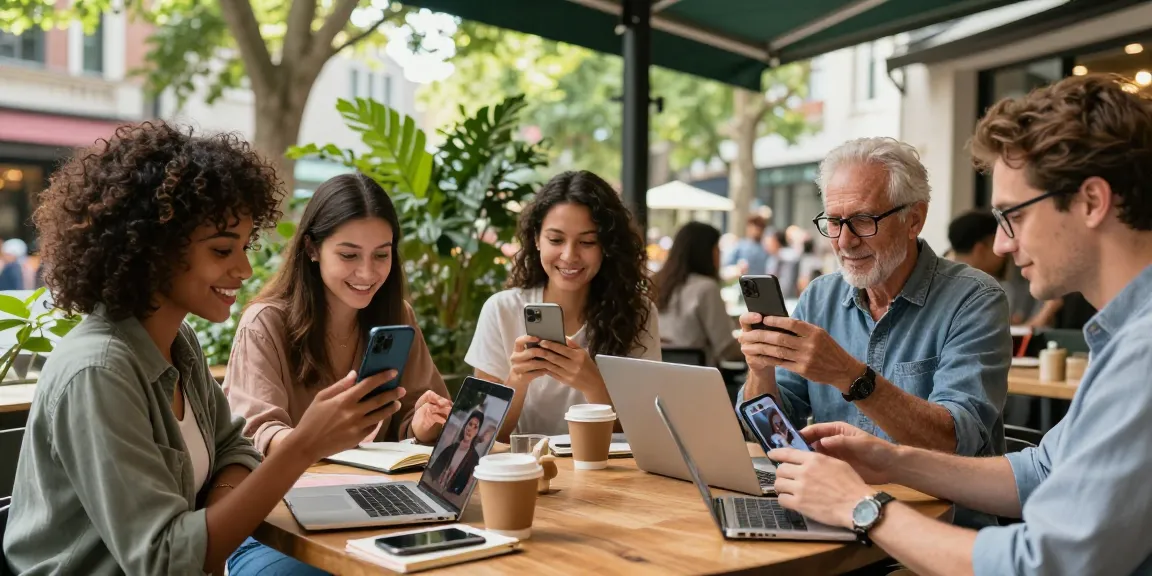 People excitedly using technology to find out how old do I look in a modern cafe environment.