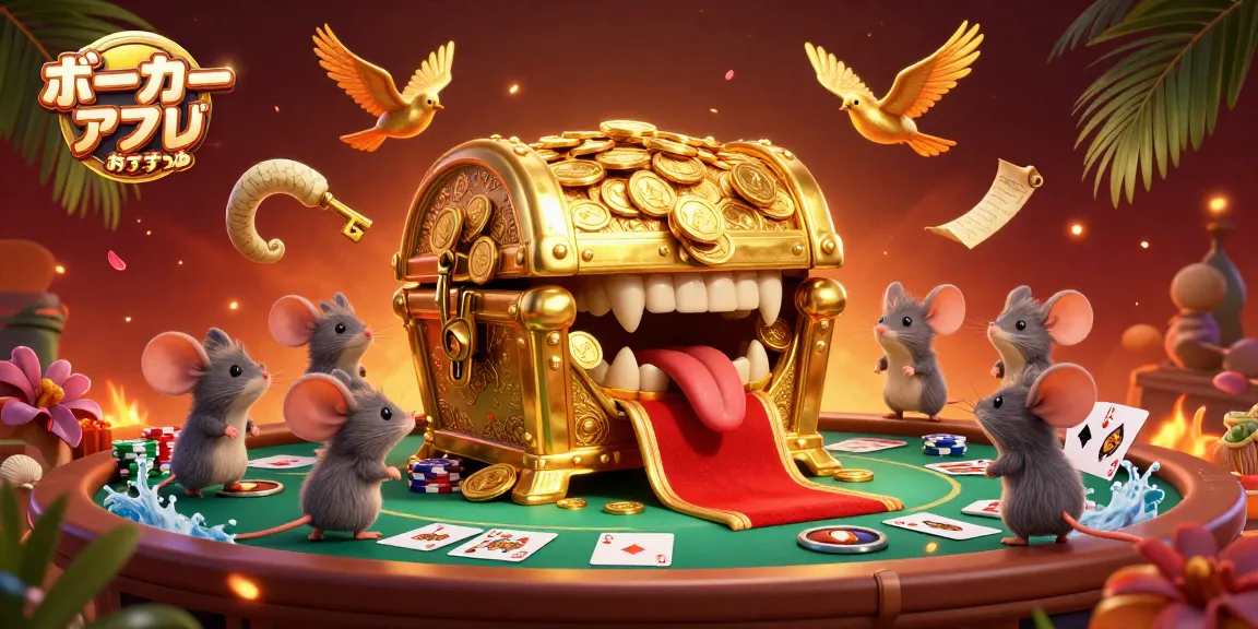 ポーカー アプリ おすすめとして、魅力的なポーカーテーブルやチップスタックを集めたイラスト