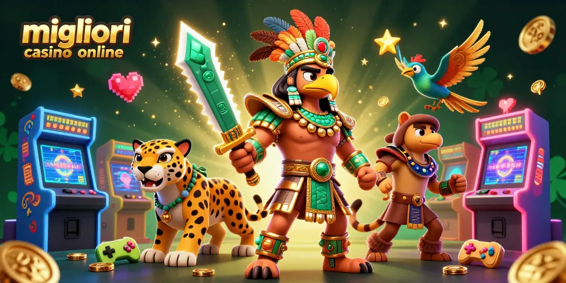 Migliori casino online scena che mostra personaggi guerrieri aztechi con elementi di gioco e un'atmosfera di casinò vibrante