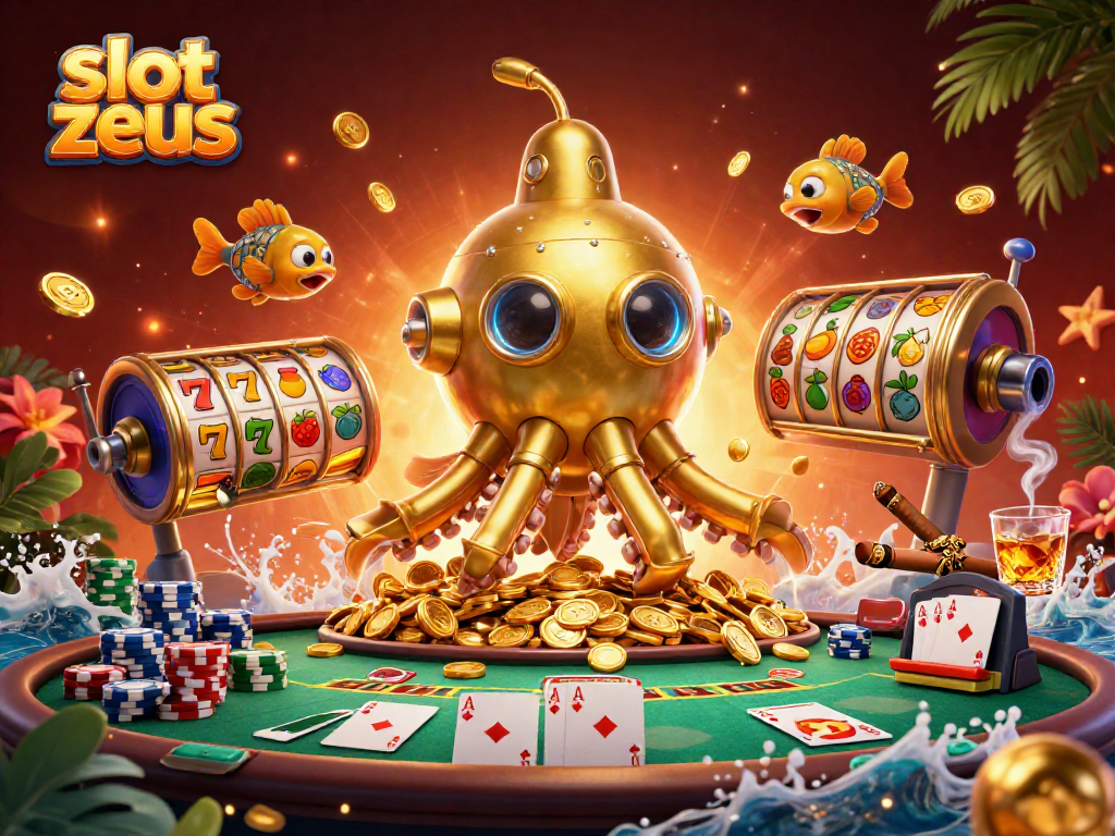 Engage with the exciting slot zeus game as the golden kraken submarine surfaces through golden coins, surrounded by vibrant slot elements.