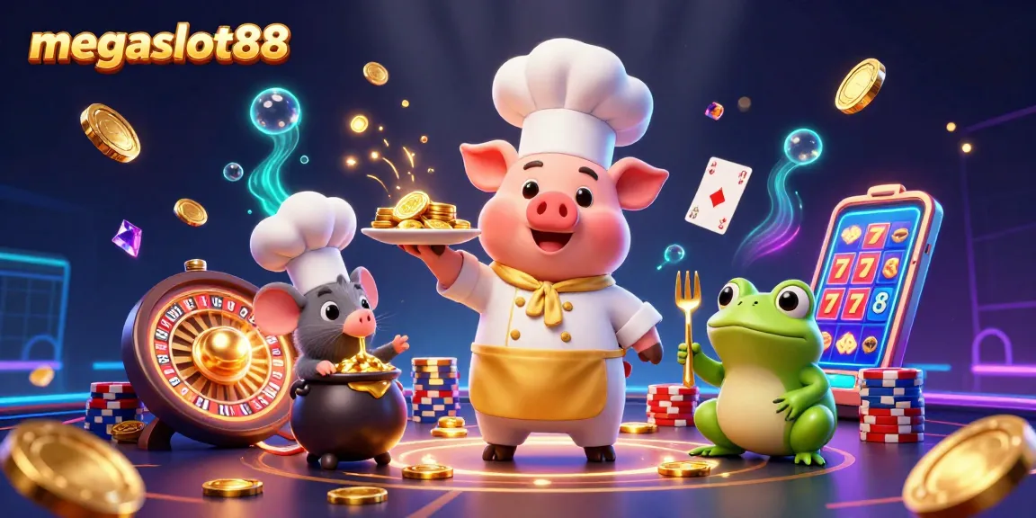 Spin and win at megaslot88 with a vibrant casino scene showcasing gold coins and joyful characters.